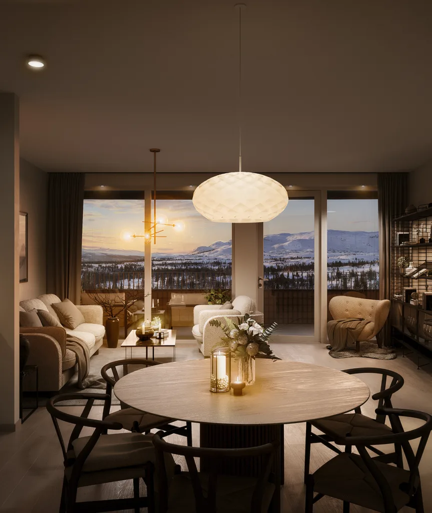 Interiörbild från en lägenhet med utsikt över fjällandskapet