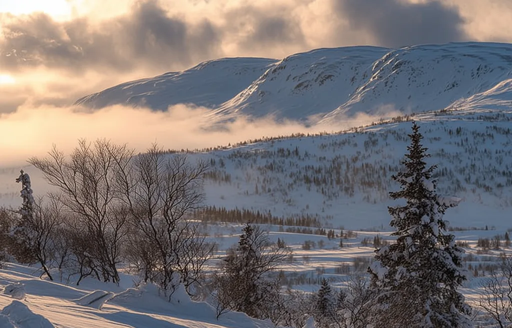 Morgonsol över snöiga fjällberg