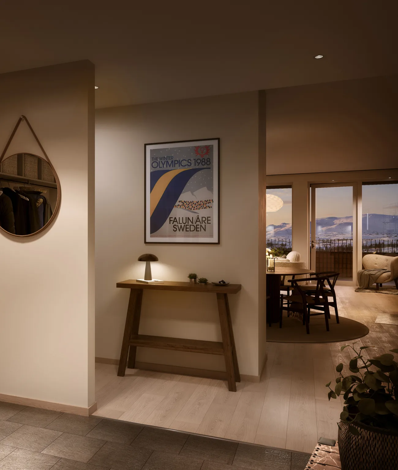 Interiörbild av hall och vardagsrum på kvällen