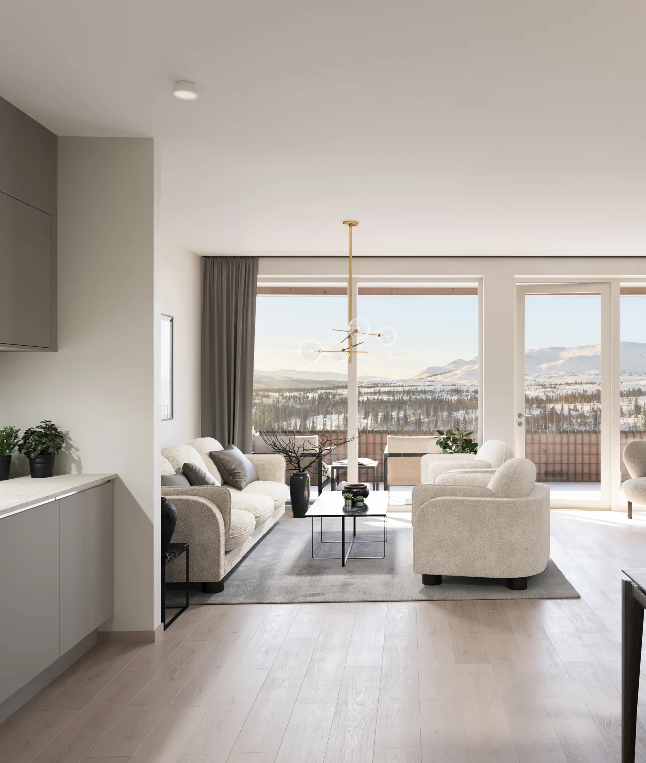 Interiörbild av kök och vardagsrum i dagsljus