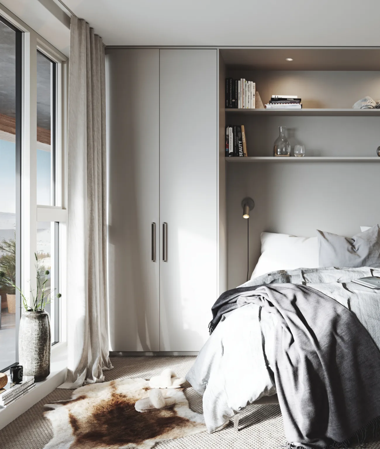 Interiörbild av sovrum i dagsljus